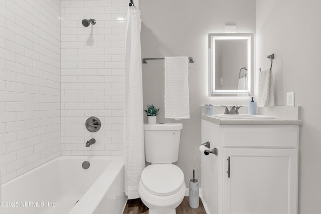 full bathroom with vanity, toilet, and shower / bath combo with shower curtain