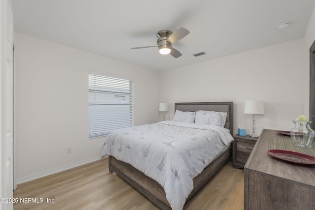 bedroom featuring ceiling fan and light wood-type flooring