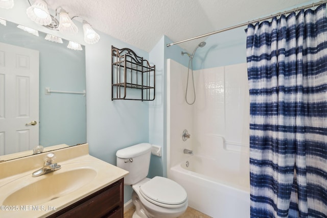 full bathroom featuring shower / bathtub combination with curtain, vanity, toilet, and a textured ceiling