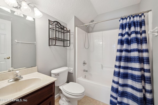829 Songbird Dr, Orange Park, FL 32065 - full bath with a textured ceiling, shower / bathtub combination with curtain, vanity, toilet, and tile patterned floors