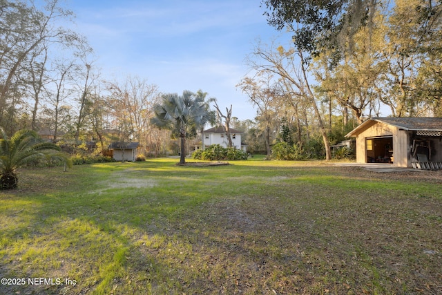 view of yard with a storage shed