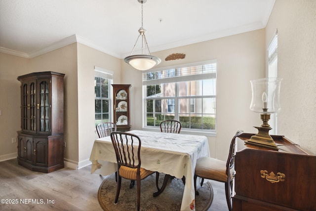 dining space featuring crown molding, plenty of natural light, and light hardwood / wood-style floors