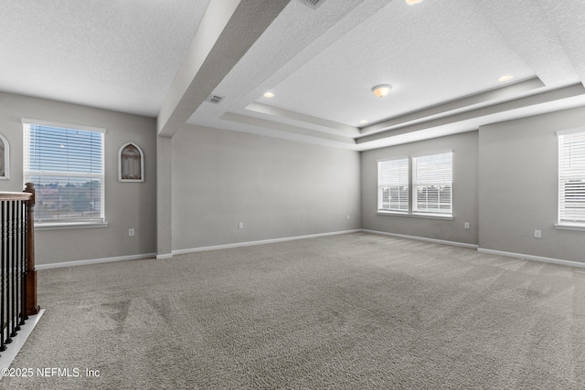 carpeted spare room with a textured ceiling and a tray ceiling