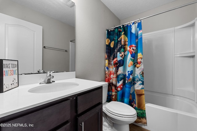 full bathroom featuring vanity, toilet, a textured ceiling, and shower / bath combo with shower curtain