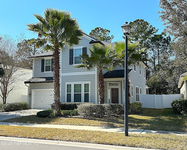 view of front of house with a front yard and a garage