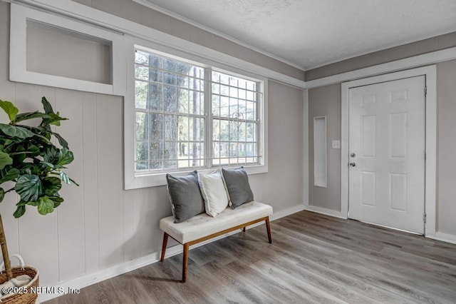 living area with wood-type flooring, ornamental molding, and a textured ceiling