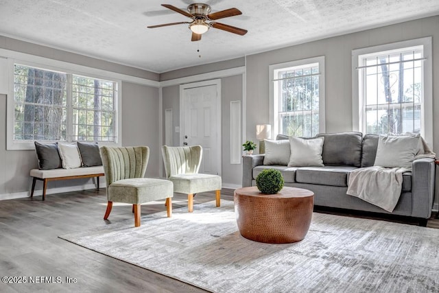 living room with ceiling fan, wood-type flooring, and a textured ceiling