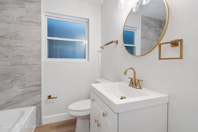 bathroom featuring vanity, wood-type flooring, and toilet