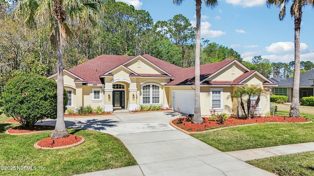 mediterranean / spanish-style house featuring a front yard, a shingled roof, stucco siding, concrete driveway, and a garage