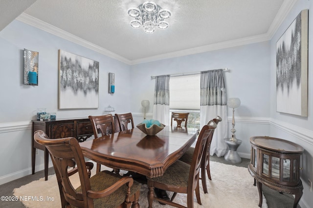744 Cherry Grove Rd, Orange Park, FL 32073 - dining room with an inviting chandelier, ornamental molding, light carpet, and a textured ceiling