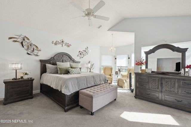744 Cherry Grove Rd, Orange Park, FL 32073 - carpeted bedroom featuring lofted ceiling, ceiling fan with notable chandelier, and a textured ceiling