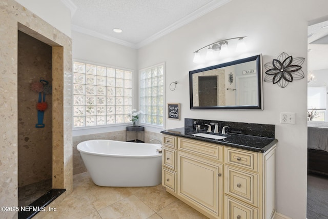 744 Cherry Grove Rd, Orange Park, FL 32073 - bathroom featuring a textured ceiling, ornamental molding, vanity, independent shower and bath, and tile patterned flooring