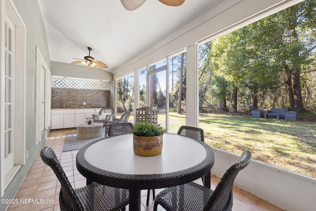 sunroom / solarium with ceiling fan and lofted ceiling