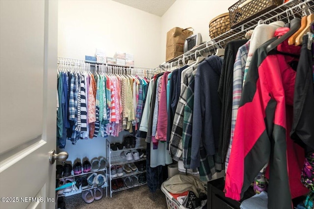 walk in closet with carpet flooring