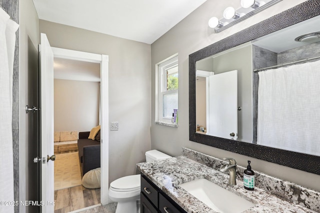 bathroom featuring vanity, toilet, and wood finished floors