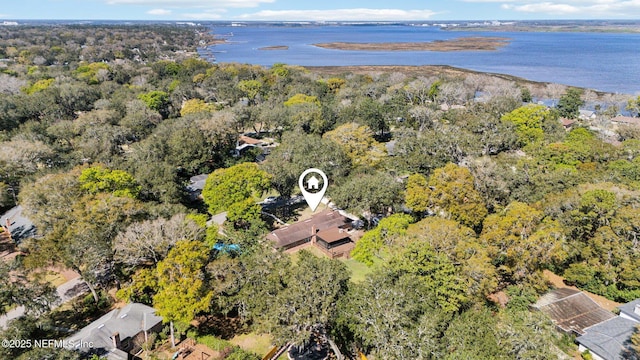 aerial view featuring a water view and a wooded view