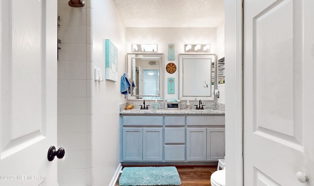 bathroom featuring hardwood / wood-style flooring, vanity, a textured ceiling, and toilet