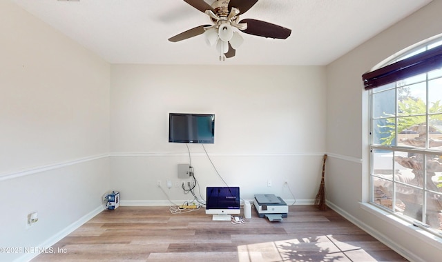 interior space featuring ceiling fan and light wood-type flooring