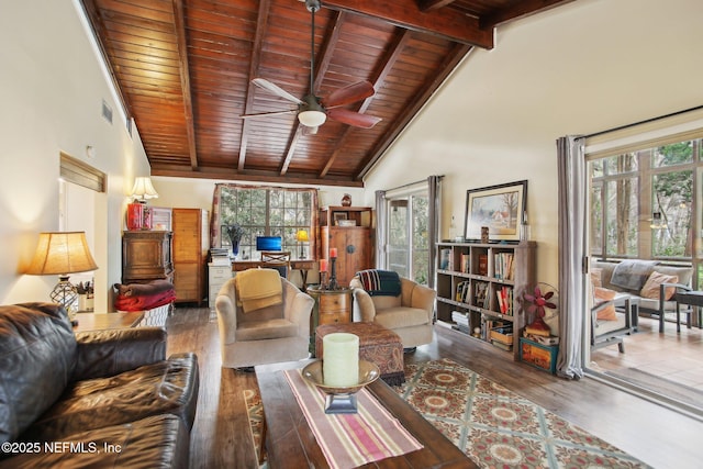 living room featuring high vaulted ceiling, wooden ceiling, beamed ceiling, ceiling fan, and hardwood / wood-style floors