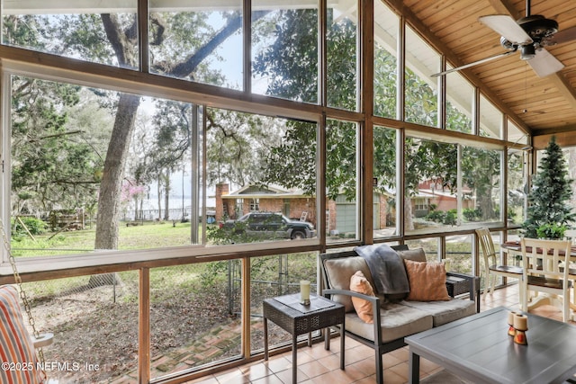 sunroom featuring lofted ceiling with beams, wood ceiling, and ceiling fan