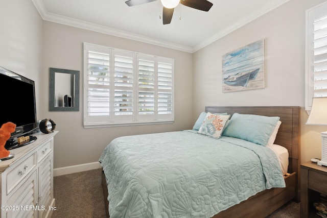 bedroom with ornamental molding, ceiling fan, and dark colored carpet