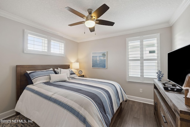 bedroom with ornamental molding, ceiling fan, a textured ceiling, and dark hardwood / wood-style flooring