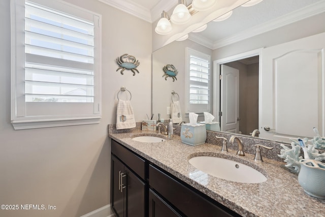 bathroom with crown molding and vanity