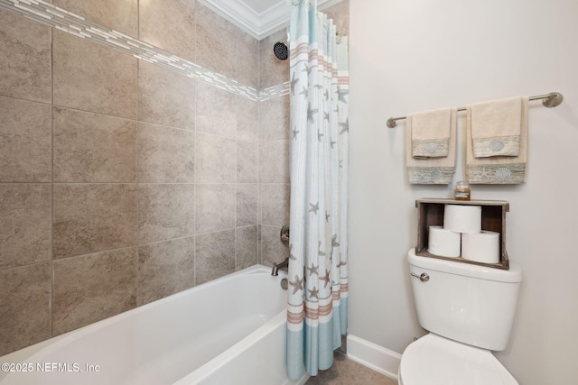 bathroom with toilet and shower / bath combo with shower curtain