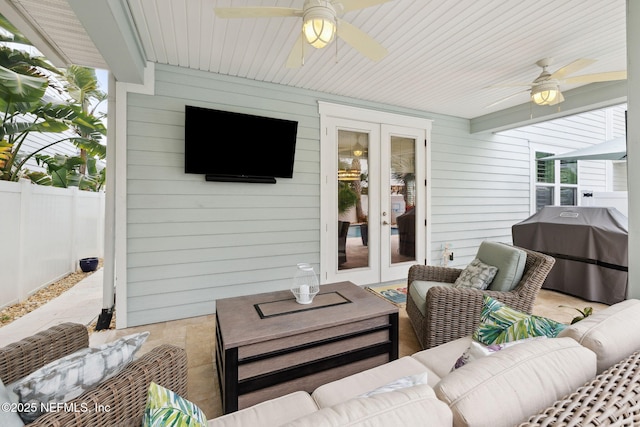 exterior space featuring an outdoor living space, a grill, ceiling fan, and french doors