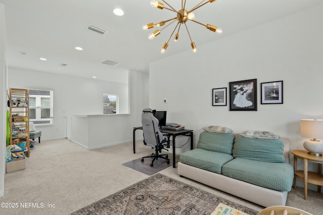 interior space with visible vents, baseboards, light colored carpet, a notable chandelier, and recessed lighting