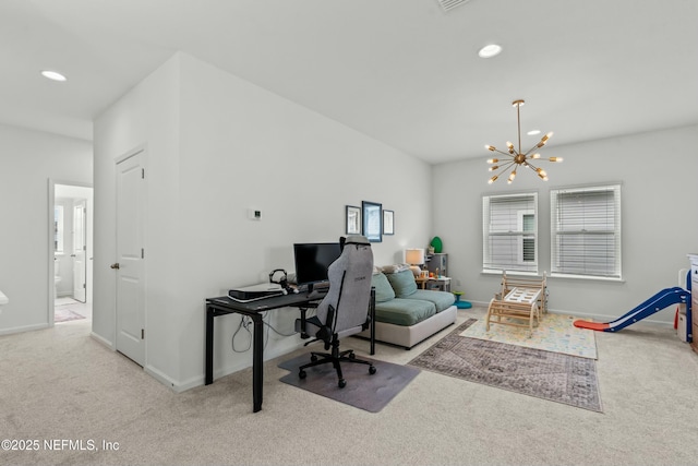 office area featuring light carpet, recessed lighting, and an inviting chandelier