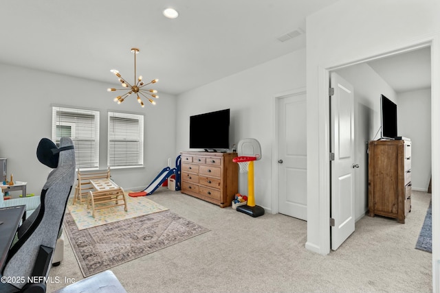 office with visible vents, a chandelier, baseboards, and light colored carpet