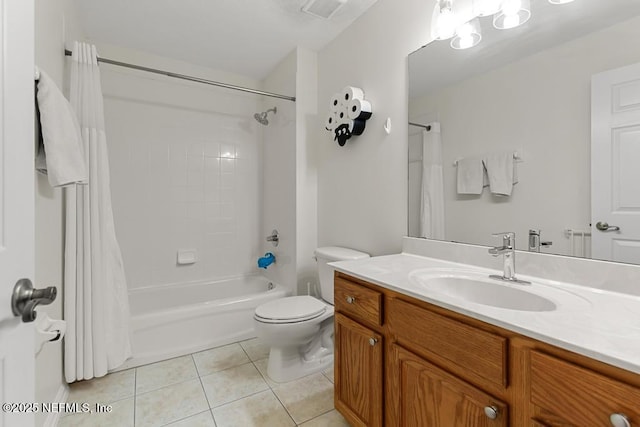 full bathroom featuring shower / bath combination with curtain, vanity, toilet, and tile patterned flooring