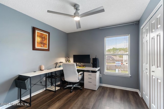 home office featuring dark hardwood / wood-style flooring, ceiling fan, and a textured ceiling