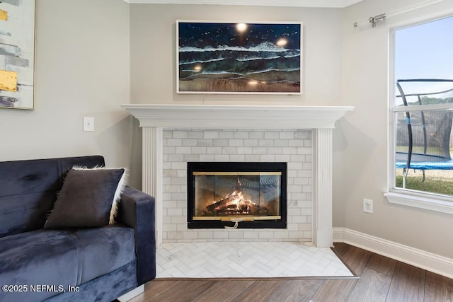 interior space with hardwood / wood-style flooring and a fireplace