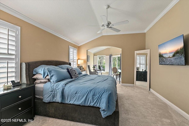 721 W Kings College Dr, Saint Johns, FL 32259 - bedroom featuring vaulted ceiling, ornamental molding, ceiling fan, light carpet, and a textured ceiling