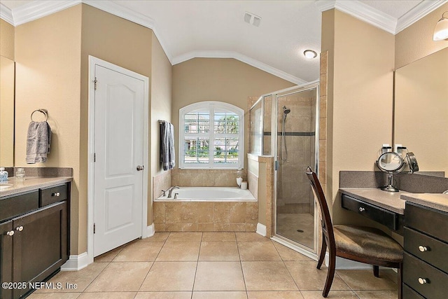 721 W Kings College Dr, Saint Johns, FL 32259 - bathroom featuring tile patterned floors, lofted ceiling, ornamental molding, vanity, and plus walk in shower