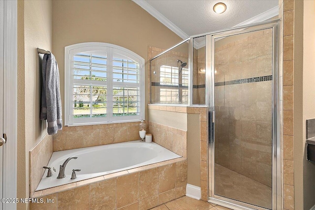 721 W Kings College Dr, Saint Johns, FL 32259 - bathroom with crown molding, tile patterned floors, and separate shower and tub