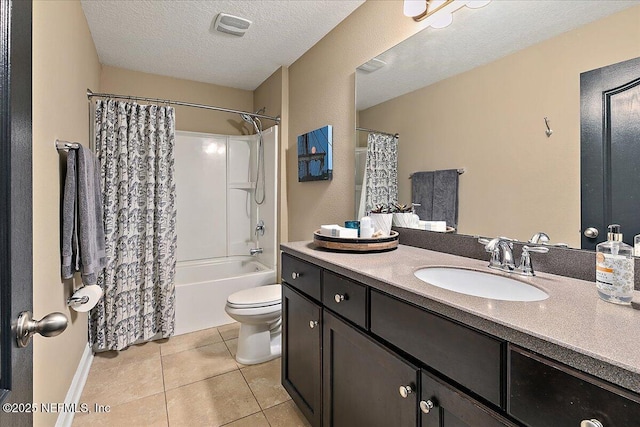 721 W Kings College Dr, Saint Johns, FL 32259 - full bathroom featuring vanity, shower / bath combination with curtain, a textured ceiling, tile patterned floors, and toilet