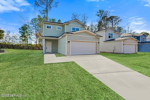 view of front of house with a garage, concrete driveway, and a front yard