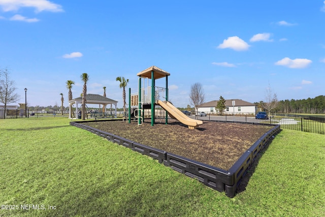 view of jungle gym featuring a gazebo and a lawn