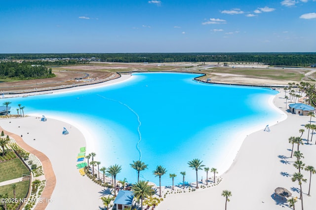 view of swimming pool featuring a water view and a view of the beach