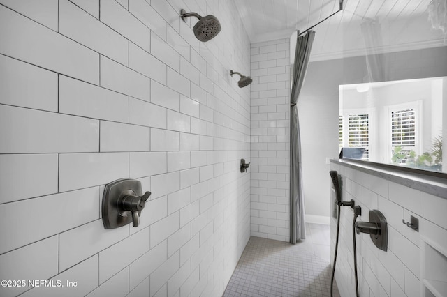 bathroom featuring tile walls and walk in shower