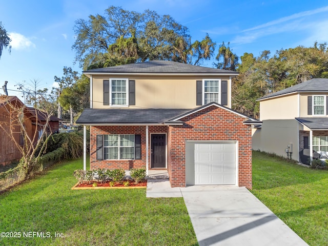 view of property featuring a garage and a front yard