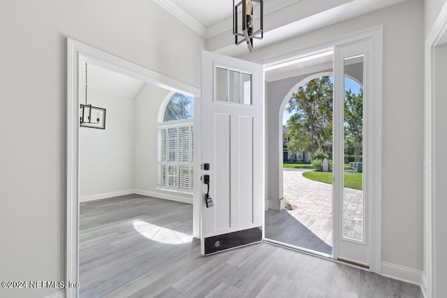 entrance foyer with crown molding and hardwood / wood-style flooring