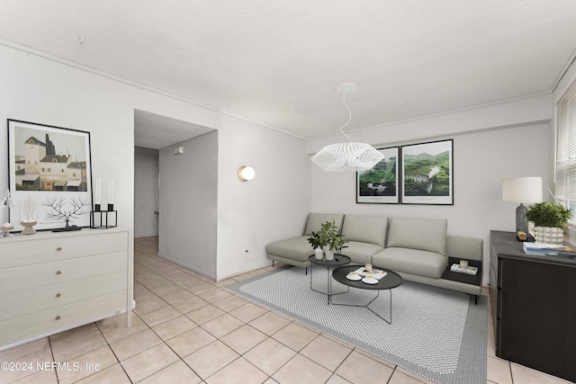 tiled living room with a textured ceiling