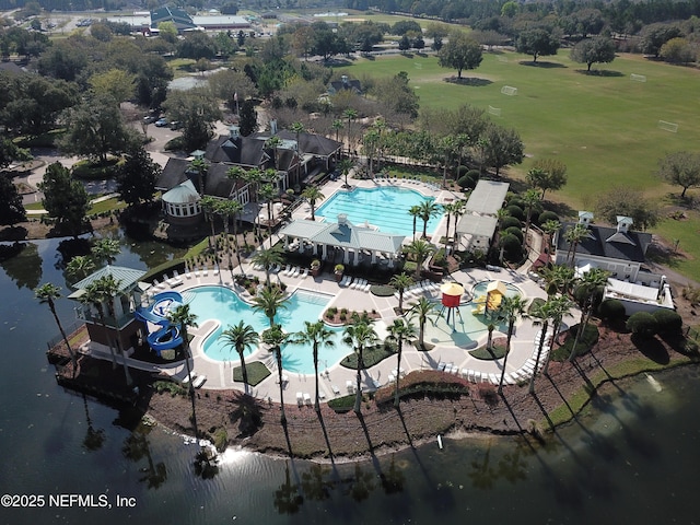 bird's eye view with a water view