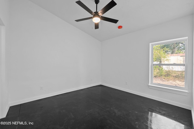 unfurnished room with vaulted ceiling and ceiling fan