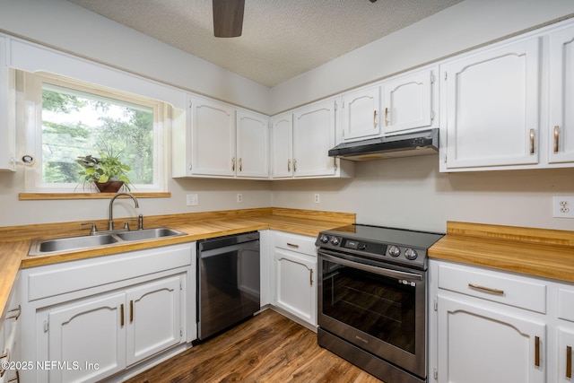 kitchen featuring white cabinetry, black dishwasher, sink, a textured ceiling, and electric stove