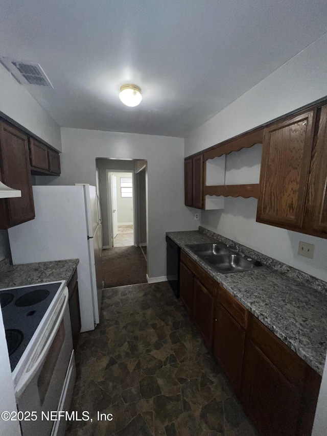 kitchen with white appliances, sink, and dark brown cabinets